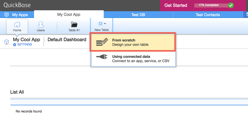 QuickBase Create a Table step 1