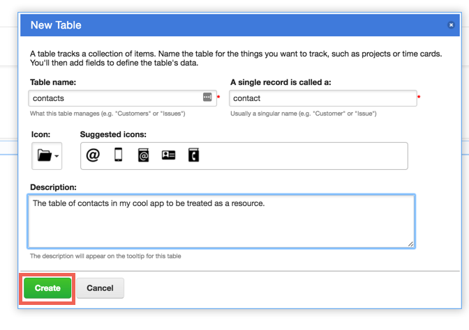 QuickBase Create a Table step 2